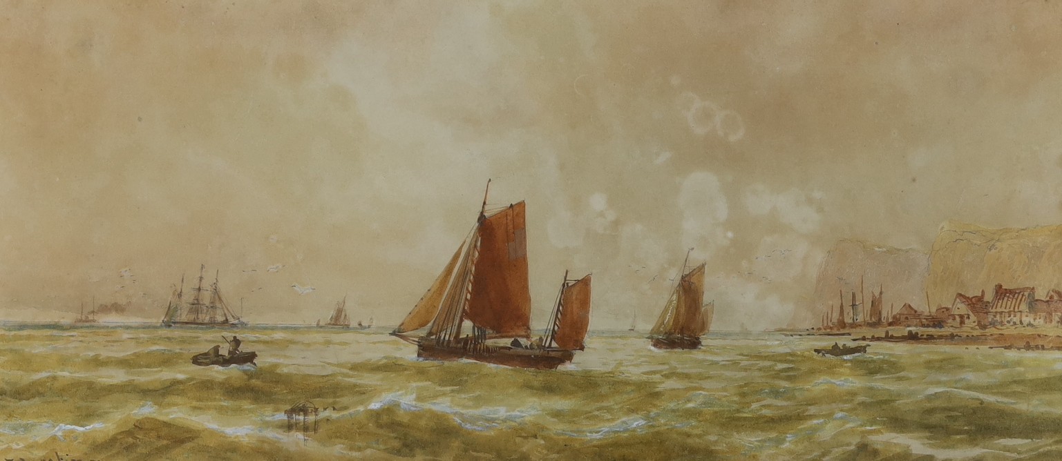 T. Mortimer, watercolour, Fishing boats at sea, 23 x 51cm and two other watercolours of fishing boats by differing hands